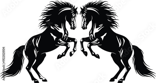 Two black stallions rearing up face to face, majestic horse silhouettes with flowing manes, powerful equine wildlife vector illustration design.