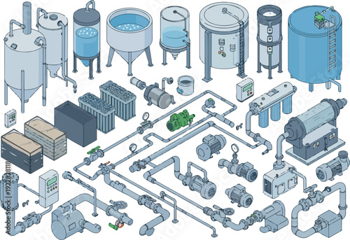 Industrial process diagram illustrating machinery and pipes in a manufacturing facility from a top-down viewpoint