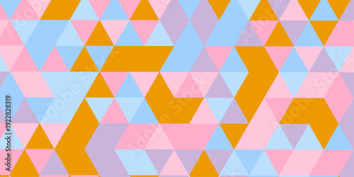 A colorful geometric pattern features overlapping triangles in shades of orange pink lavender and light blue creating a vibrant abstract design high-quality professional.