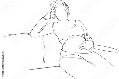 One continuous line drawing on white isolated background. Minimalism linear illustration. disease, woman, couch, mother, female, home, pregnant, unwell, motherhood, sofa