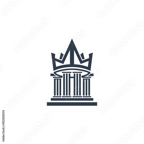 Crown and Classical Pillars Legal Courthouse or Sovereign Justice Logo on Isolated White Background