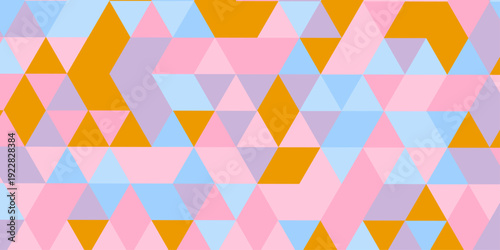 A colorful geometric pattern features overlapping triangles in shades of orange pink lavender and light blue creating a vibrant abstract design high-quality professional.