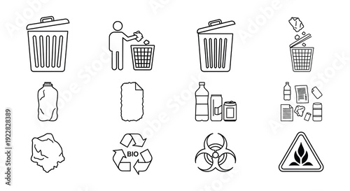 Collection of waste disposal and recycling related linear icons
