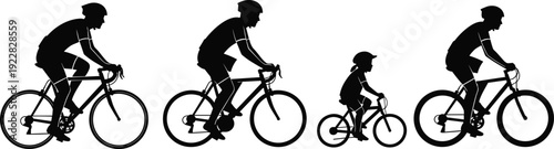 Collection of professional cyclist silhouettes riding road bikes, child on bicycle with adult bikers, group of people cycling for fitness.
