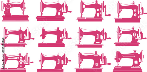 Collection of vintage sewing machines in various styles isolated on transparent background for creative projects