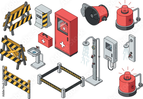 Safety equipment and barriers illustrated in a collection of icons on safety infrastructure