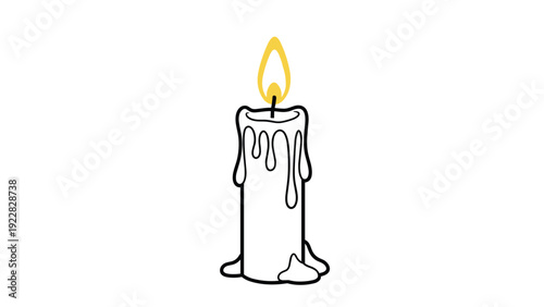 Burning white candle with a bright yellow flame and melting wax drips shown in a simple cartoon style illustration.