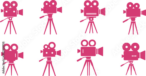 Collection of vintage style film cameras arranged in grid pattern isolated on transparent background