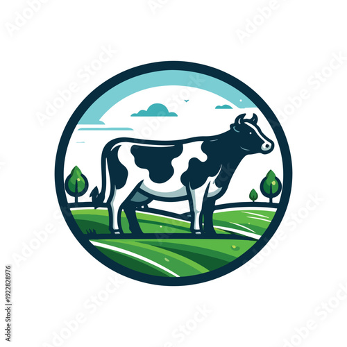 Farm Animal Dairy Cow in a Green Pasture Landscape with Mountains and Sunrise Presenting Rural Livestock and Agriculture Environment