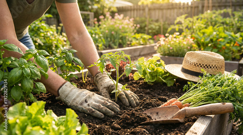 Planting Vegetables in Raised Garden Bed Sustainable Lifestyle Concept