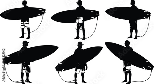 Collection of surfer silhouettes standing with surfboards on beach, male surfers in board shorts ready for summer water sports activities.