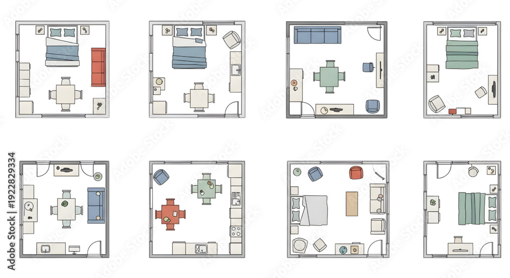 Fototapeta premium Top View Floor Plan Room Layouts with Furniture Vector Set Transparent Background