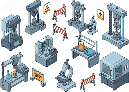 Industrial laboratory equipment and machinery setup displayed on a clean white background from a straightforward viewpoint
