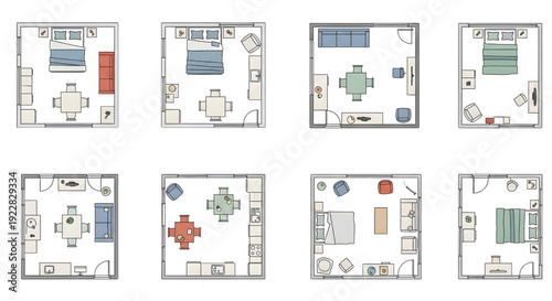 Top View Floor Plan Room Layouts with Furniture Vector Set Transparent Background