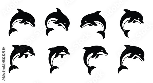 Eight stylized black silhouettes of jumping and swimming dolphins