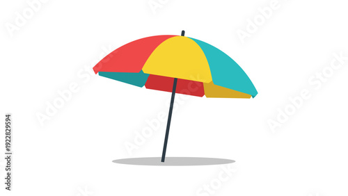 Large colorful beach umbrella with red yellow and teal panels for sun protection and summer seaside vacation.