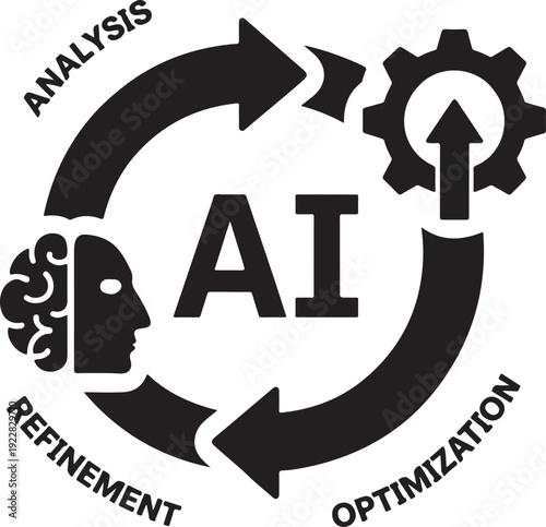 AI technology cycle with analysis optimization and refinement process in flat design