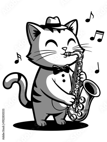 Dapper Feline Saxophonist with Fedora and Bow Tie
