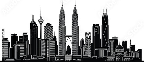 Black and white Kuala Lumpur skyline silhouette featuring Petronas Twin Towers, KL Tower, and modern Malaysian city architecture, perfect for travel
