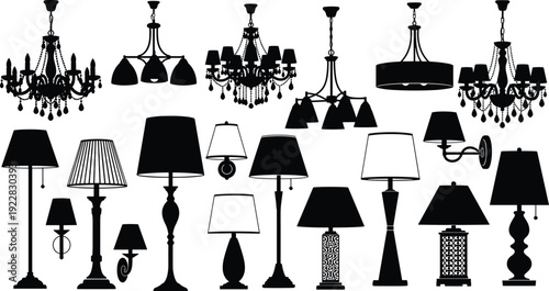 Black and white silhouettes of various lighting fixtures including luxury chandeliers, floor lamps, table lamps, wall sconces