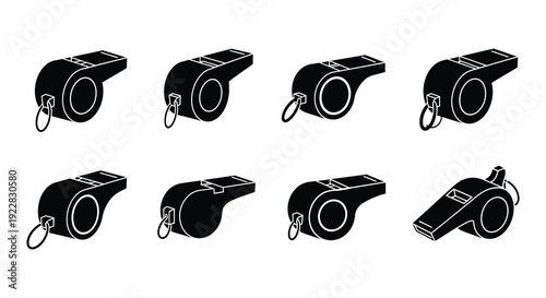 Collection of black and white whistle illustrations in various orientations