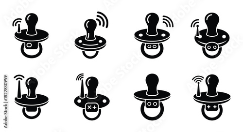 Collection of black pacifier icons with varying designs and signal waves