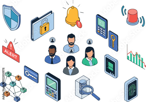 Diverse professionals collaborating on cybersecurity measures with alert systems and data analysis