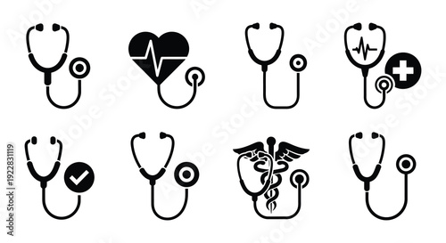 Medical icons depicting stethoscopes heartbeats and healthcare symbols
