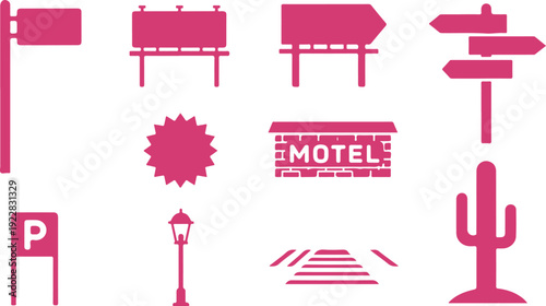 Colorful road signs and symbols collection featuring motel signage parking lamp posts and desert cactus icons isolated on transparent background