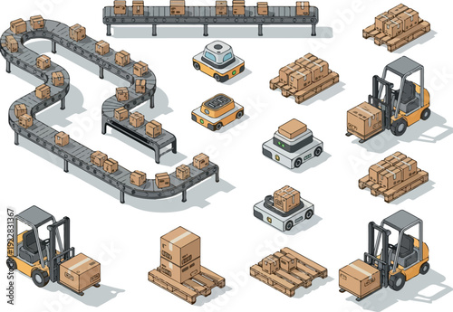 Warehouse operations illustration showing forklifts moving crates on conveyer belts in an industrial setting from an aerial viewpoint