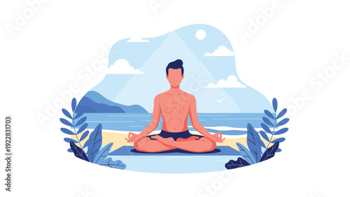 Shirtless man practicing mindfulness and yoga meditation sitting in lotus pose on blue mat at beautiful sunny beach.