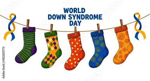Bright Patterned Socks Banner Promoting Down Syndrome Awareness, Inclusion and Diversity Celebration