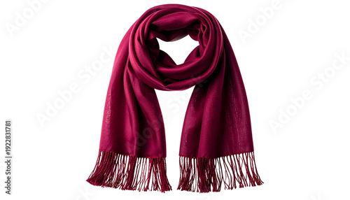 Luxurious, flowing, burgundy scarf with fringe against a black background