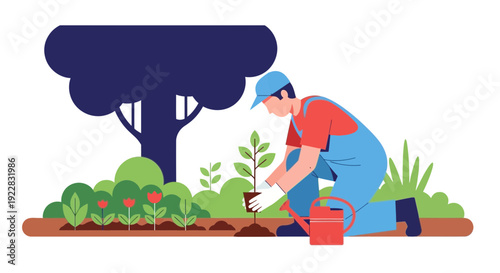 Gardener Planting a Small Green Tree.