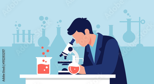 Man Examining Sample Through Microscope in Lab.