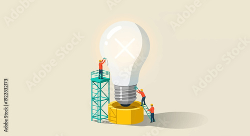 Large Light Bulb with Minature People Working.