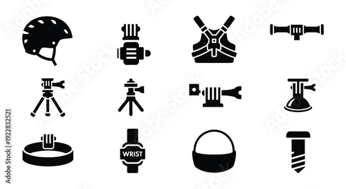 Black silhouette icons depicting various surveying and photography equipment