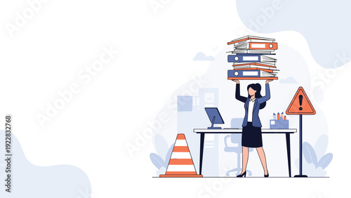 Stressed businesswoman holding massive stack of document folders over her head in office with caution signs representing heavy workload.