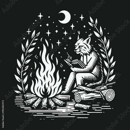 A lynx reading by the campfire under the moonlit sky.
