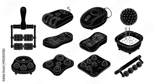 Collection of black footprints and sole impressions on a white background