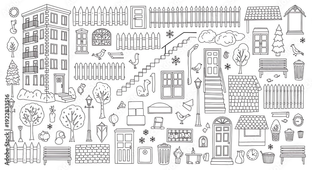 Obraz premium Collection of various sketched building elements like fences, trees, doors, and stairs