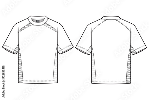 Mesh t-shirt technical fashion template. flat sketch technical mesh t-hirt fashion illustration, front and back, slim fit, CAD drawing. vector mesh t-shirt mockup-2.