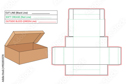 One piece corrugated shoe box technical illustration. flat sketch shoe box dieline template, perfectly foldable, using glue, 3D box, cutline, soft crease, outside bleed.