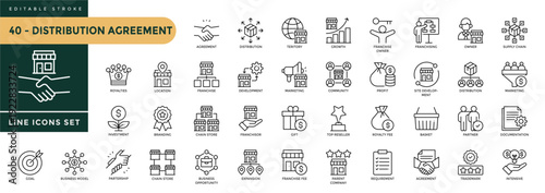 Distribution Agreement icons set with editable stroke, including contract, deal, partnership, manufacturer, brand, etc. Thin linear vector illustration.