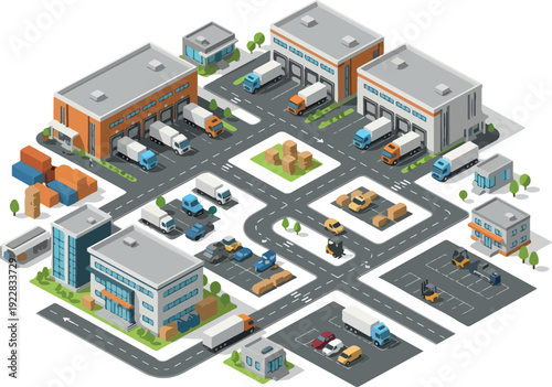 Isometric view of industrial complex with trucks and warehouses