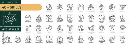  Skills icons set with editable stroke, including communication, development, occupation, goal, training, empathy, knowledge, motivation, etc. Thin linear vector illustration.