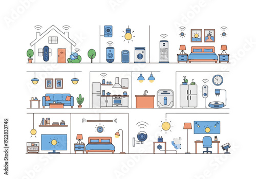 Connected Home Technology Concept Illustrating Smart Devices Integrated Throughout House Rooms For Enhanced Living Automation