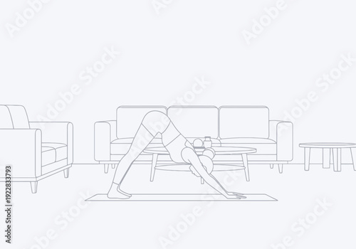 Woman practices downward facing dog yoga pose on mat in cozy living room with minimalist furniture and muted color scheme promoting healthy lifestyle