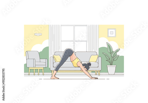 Woman practicing yoga downward facing dog pose in modern living room home wellness stretching healthy lifestyle indoor activity