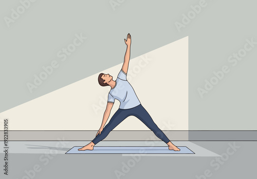 Man practicing triangle pose on mat indoors with natural light highlighting his form stretching body flexibility and balance